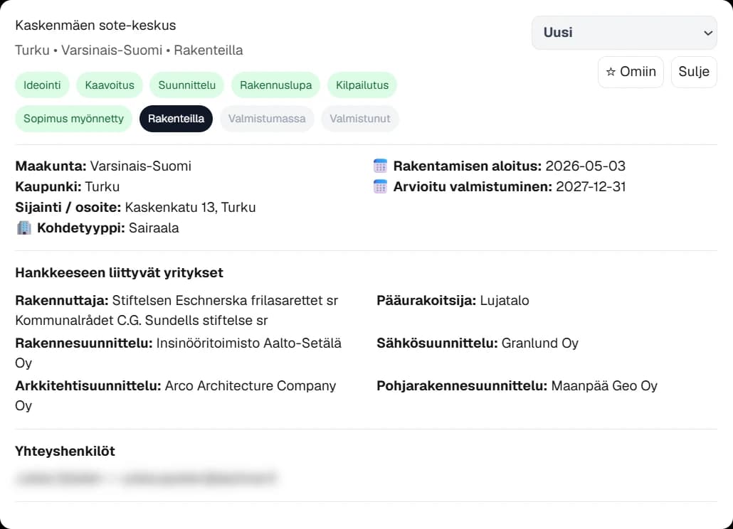 Kaskenmäen sote-keskuksen hanketiedot: vaiheet, rakennuttaja, pääurakoitsija ja suunnittelijat